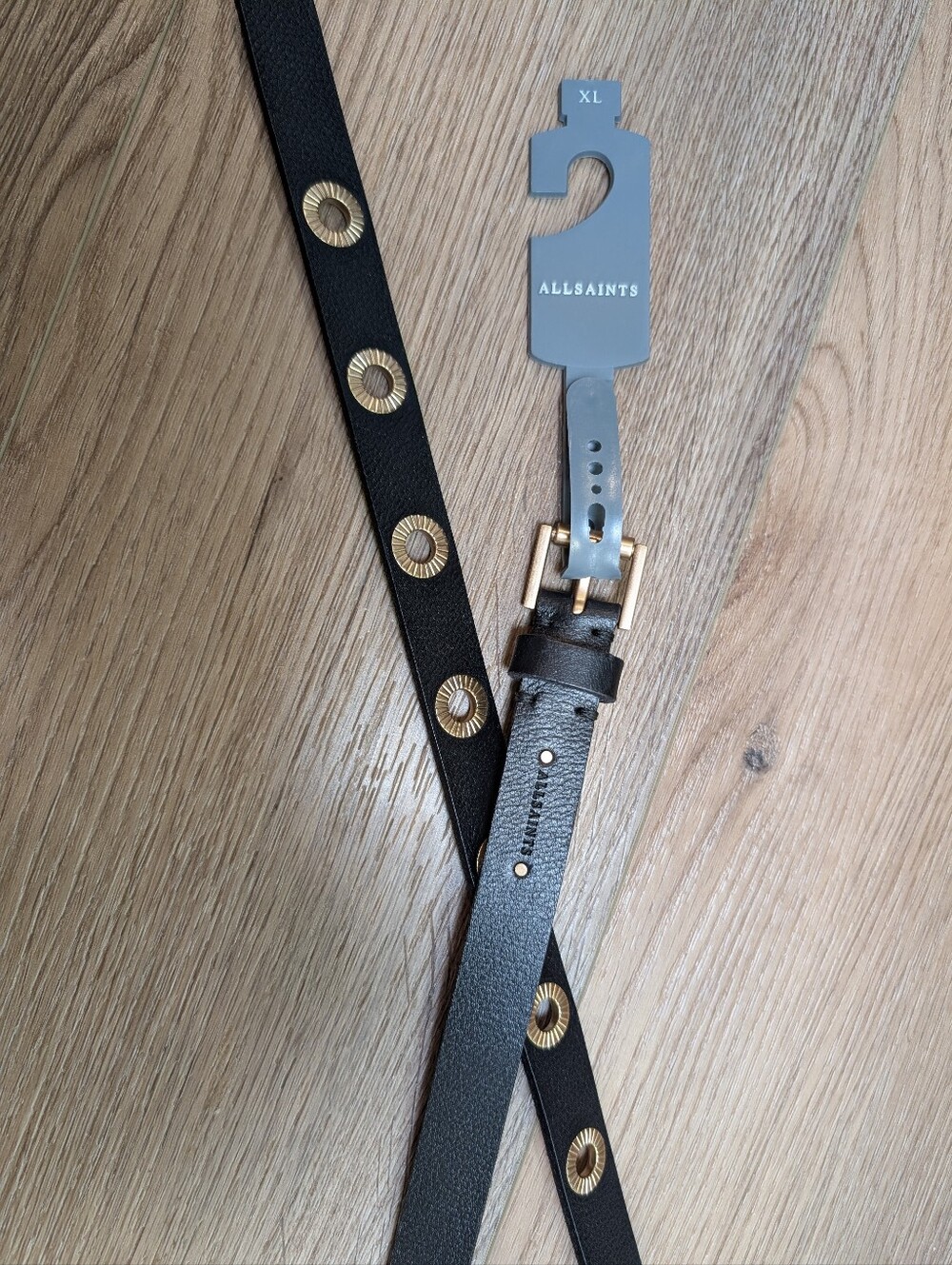 All Saints Textured Eyelet Belt Black Brass Leather XL NWT
